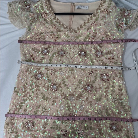 NWT $698 Mac Duggal [ 16 ] Embellished Ruffled Cap Sleeve V-Neck Gown Nude Iride - Picture 2 of 16